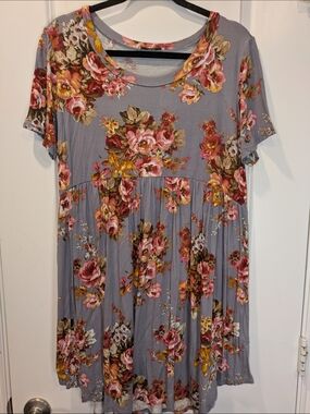 JODIFL Floral Babydoll Top Tunic Short Sleeve Gray Pink Boho Size Large